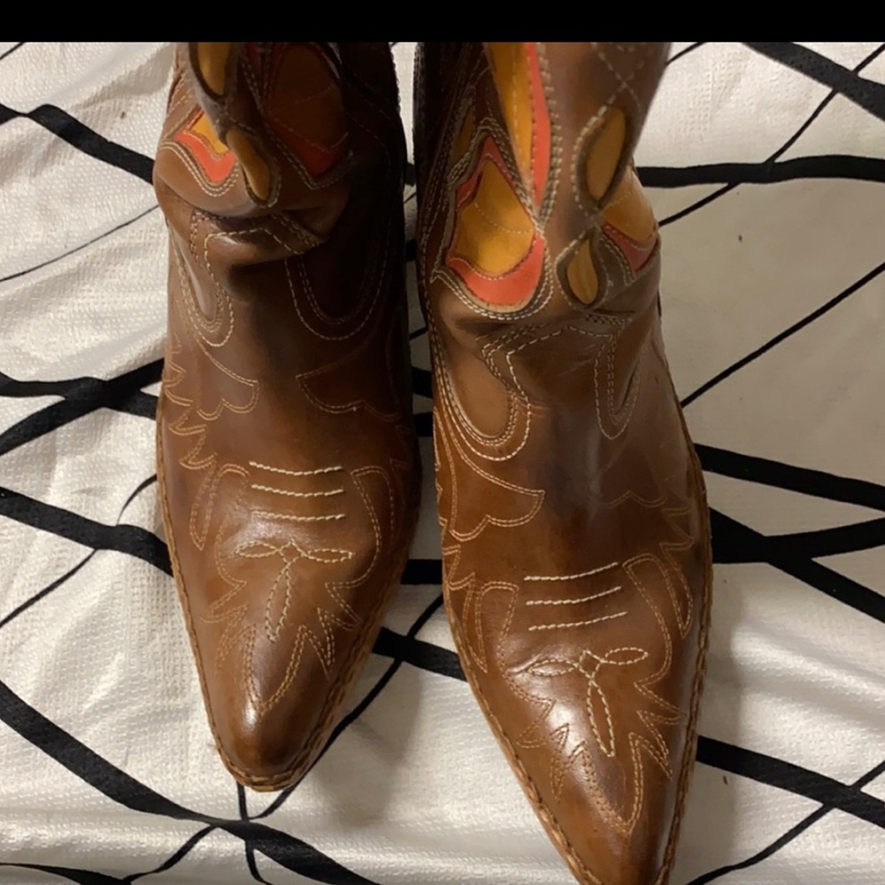 Frye Brown Leather Western Heeled Boots with Yellow & Orange Inlays - Picture 3 of 6